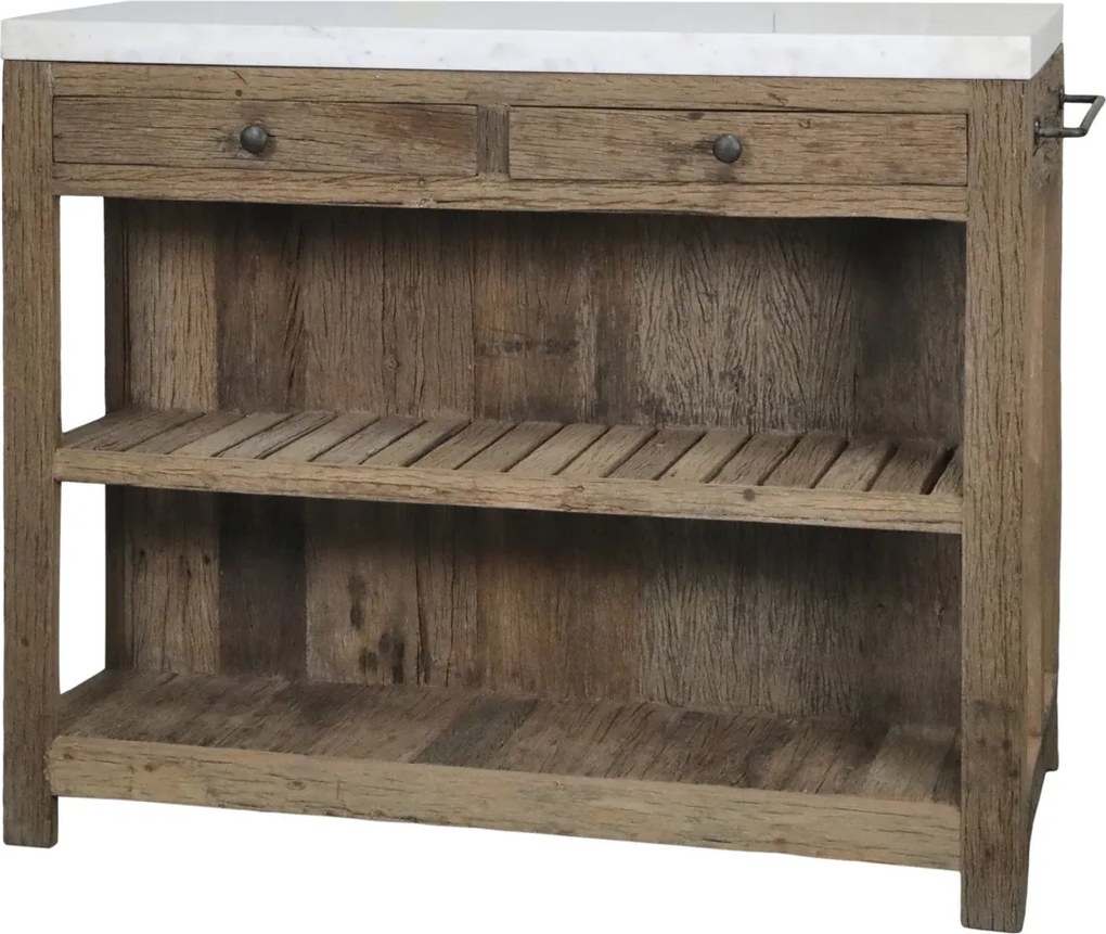 Insulă de bucătărie din lemn reciclat, natur, cu blat din marmură albă, 2 sertare și 2 rafturi, 97 x 130 x 60 cm, „Grimaud”