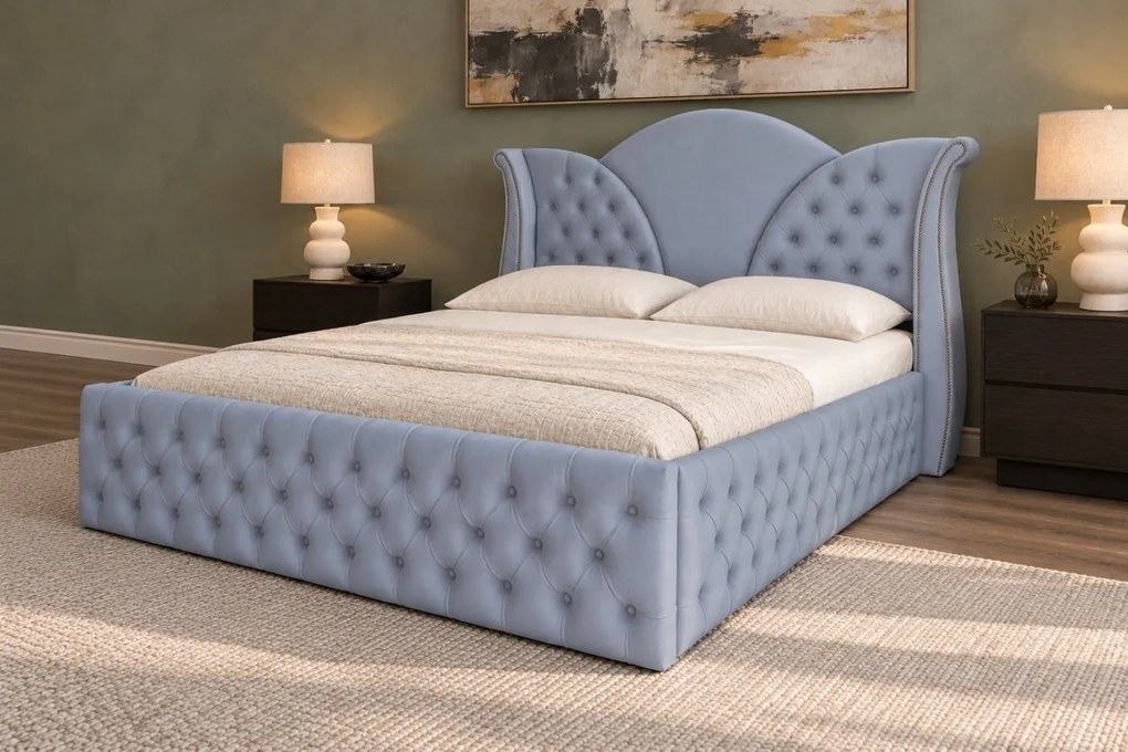 Pat tapițat Chesterfield din catifea Velora Deluxe Classic 160×200 cm, gri deschis, cu ladă de depozitare