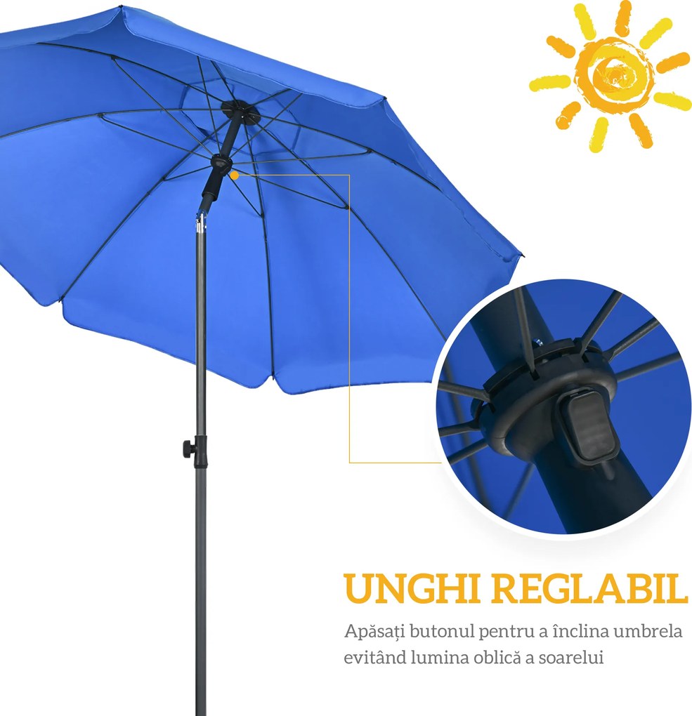 Outsunny Umbrelă de Soare pentru Plajă cu Tetieră care se Înclină la 45° și Design în 2 Secțiuni, Ø180x209 cm, Albastru | Aosom Romania