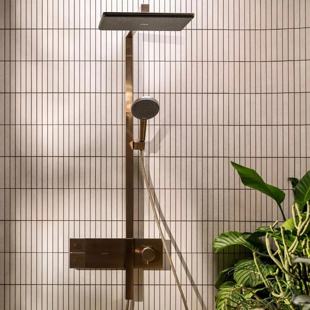 Coloana de dus cu baterie termostatata Hansgrohe Raindance Alive Q para cu 3 functii finisaj bronz periat