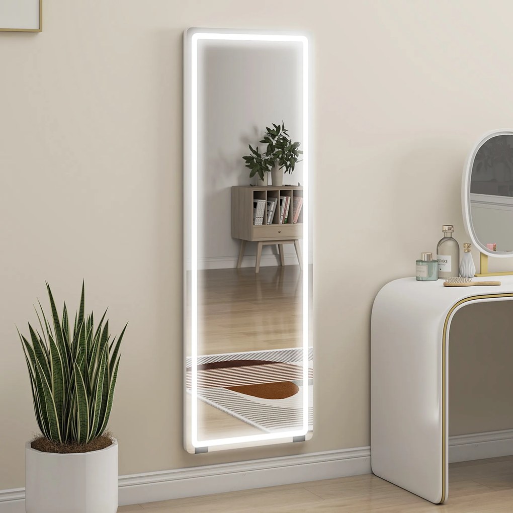 HOMCOM Oglindă de Corp Întreg cu LED, 150x50 cm, Iluminare în 3 Culori, de Podea, Sprijinită sau Montată pe Perete, Transparentă | Aosom Romania