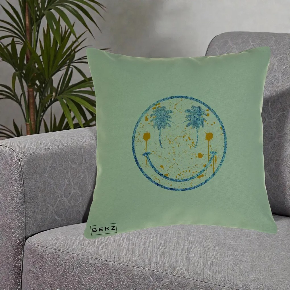 Perna Decorativa Smiley Face Tropical Albastru Glitter si Portocaliu, 40x40 cm, Verde, Husa Detasabila, Perna Inclusa, BEKZ®