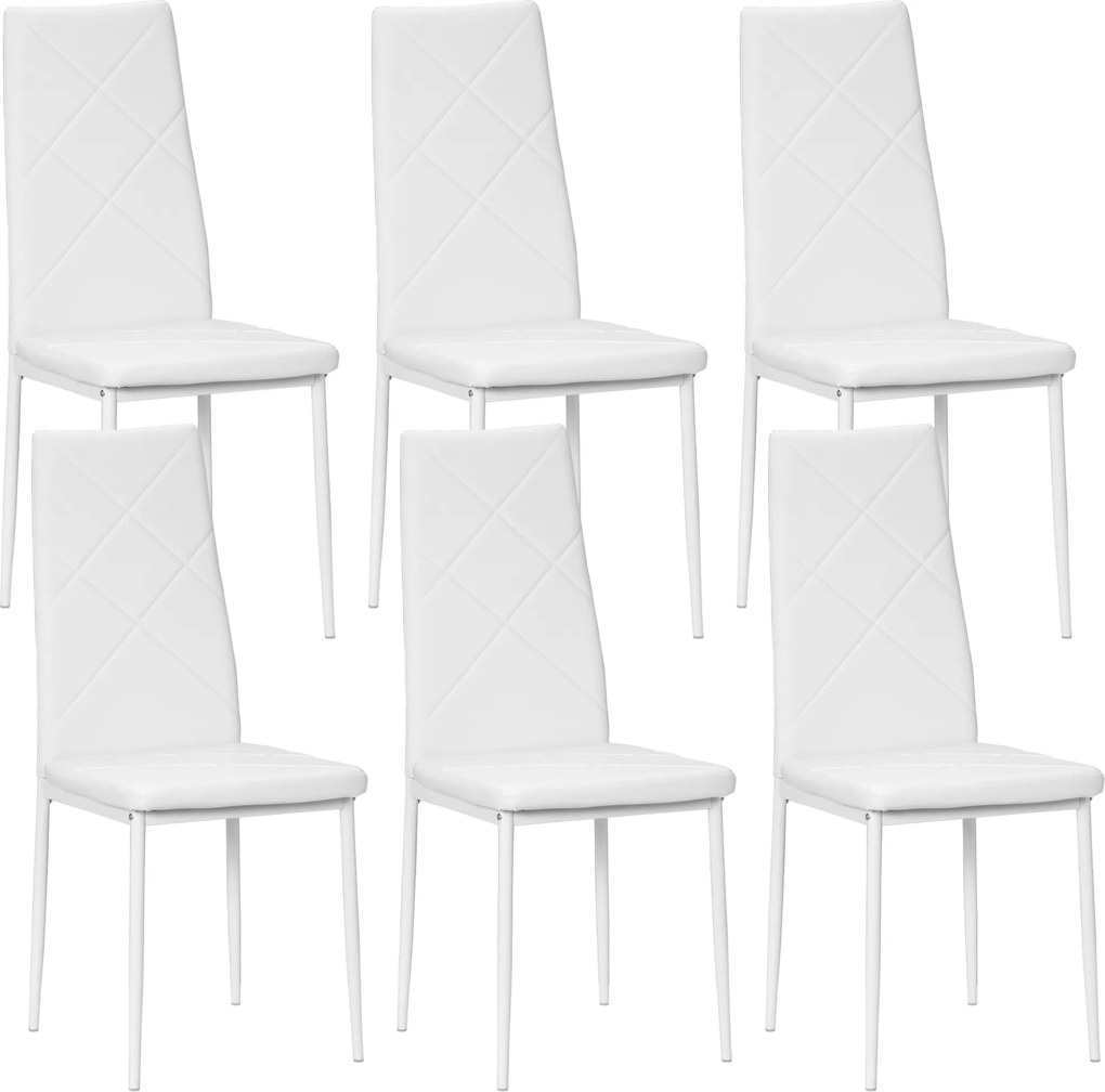 HOMCOM Set 6 Scaune de Sufragerie Tapițate cu Spătar Înalt, Tălpi Antiderapante și Picioare din Oțel, 41x50x97 cm, Alb | Aosom Romania