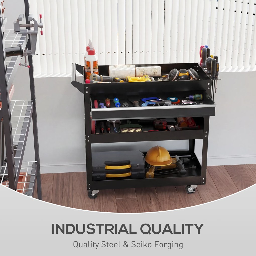 DURHAND Cărucior cu 3 Niveluri din Oțel cu Sertar, Suport Lateral pentru Unelte și Mâner, Negru | Aosom Romania