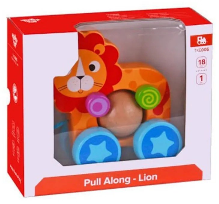 Jucarie educativa de tras din lemn masiv NOVOKIDS™ My first Tiny Lion, Cu roti, Motricitate , Cu sfoara de tractare, Materiale Eco, Galben
