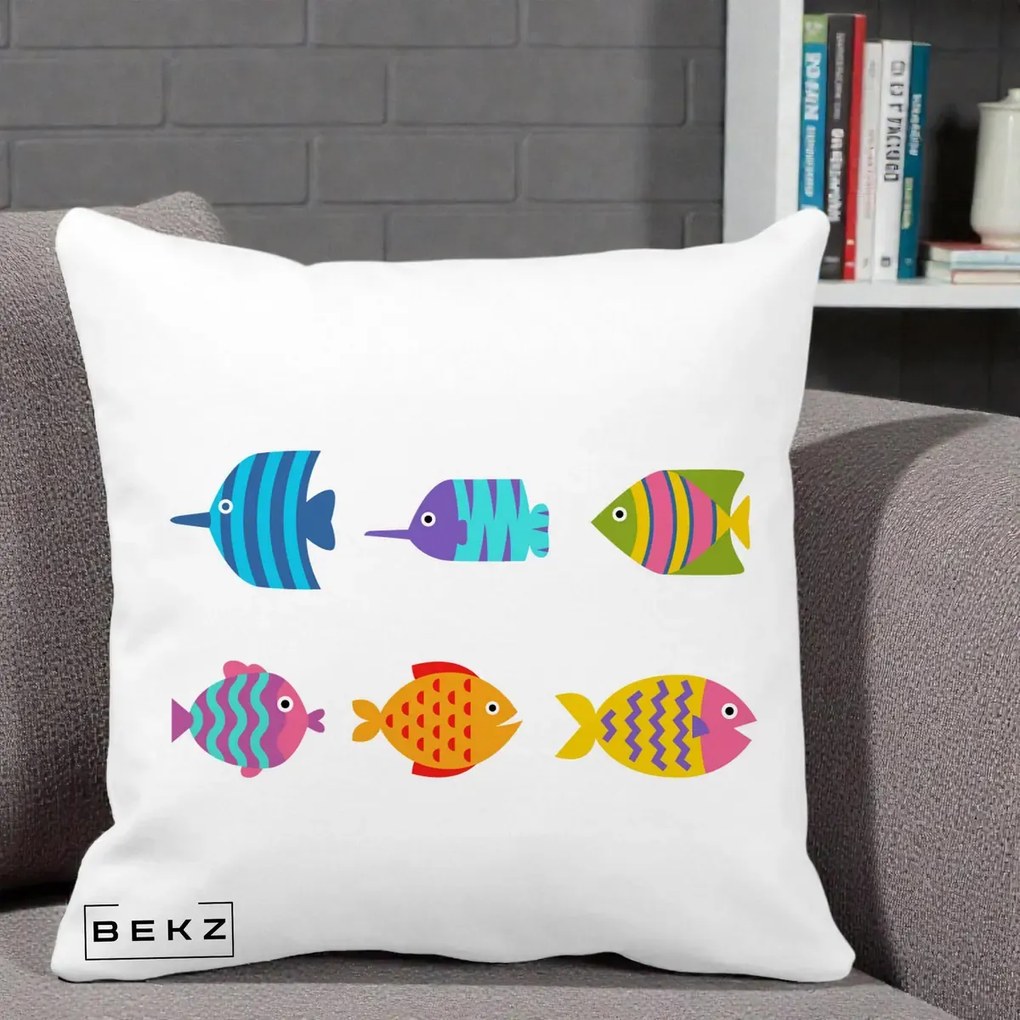 Perna Decorativa Pesti Colorati Cartoon, 40x40 cm, Alba Mata, Husa Detasabila, Perna Inclusa, BEKZ®
