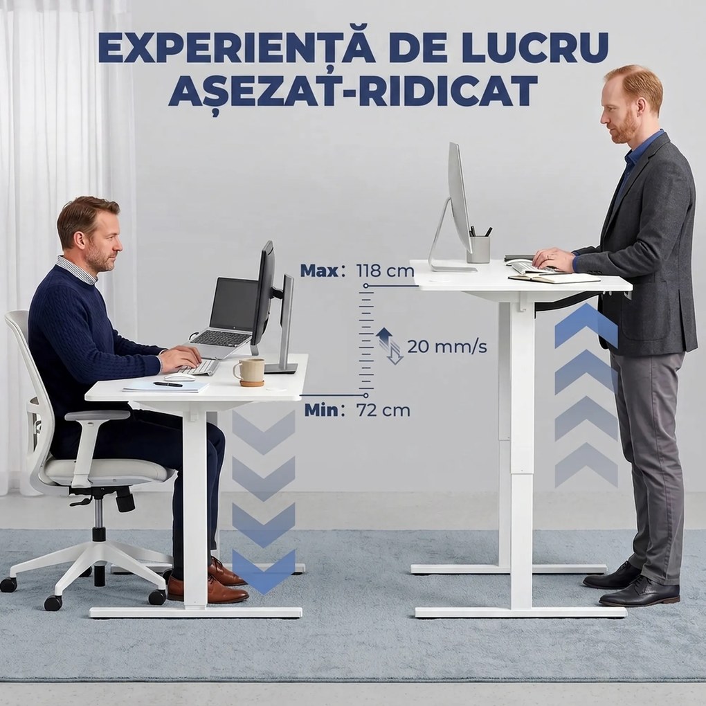 HOMCOM Birou Reglabil pe Înălțime cu 3 Memorii, Display LED, Cârlige, Plăci Aglomerate din Lemn, 140x60x72-118 cm, Alb | Aosom Romania