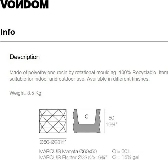 Ghiveci plante, flori design decorativ modern pentru amenajari interioare si exterioare, MARQUIS PLANTER 47081R Vondom