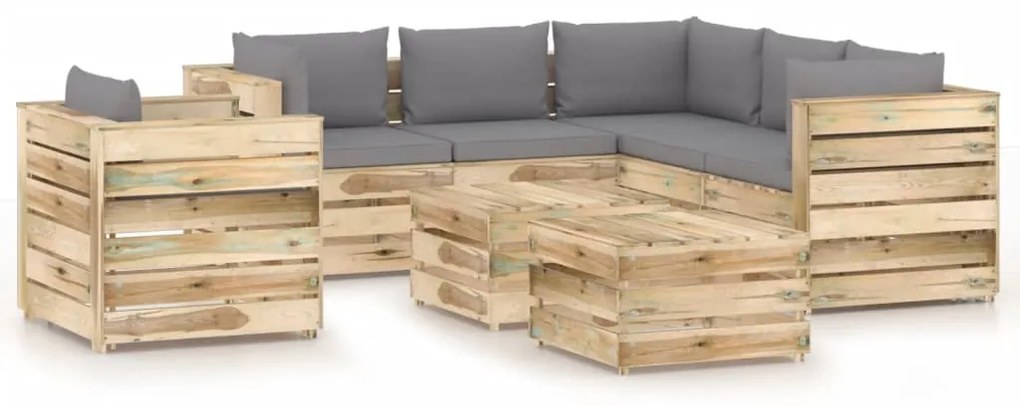 Set mobilier de gradina cu perne, 8 piese, lemn verde tratat Gri si maro, 8