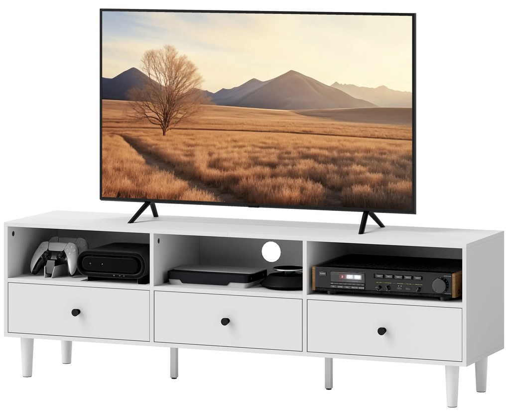 HOMCOM Comodă TV, Stand TV pentru Ecrane de 75 inch, 3 Rafturi Deschise, 3 Sertare, Placă de Particule, Alb | Aosom Romania