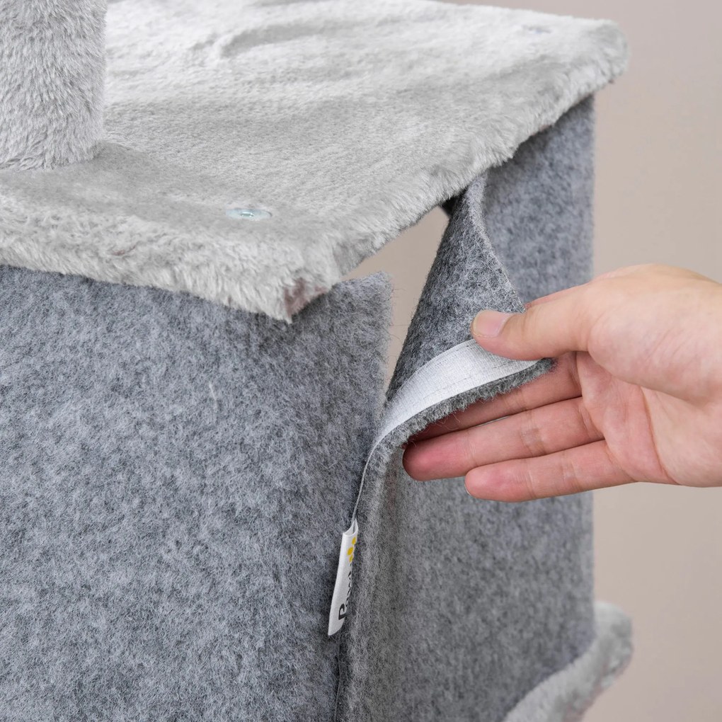 PawHut Copac de zgâriat, două căsuțe, două platforme, bilă de joacă, coș pentru odihnă, protecție anti-răsturnare, sisal, gri, 60 x 40 x 142 cm | Aosom Romania