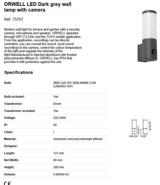 Aplica LED de exterior cu Camera de Securitate WIFI / Microfon / Difuzor ORWELL