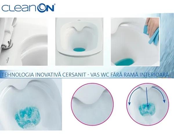 Vas WC compact Cersanit, Carina, cu capac soft close si rezervor, Clean On, alb