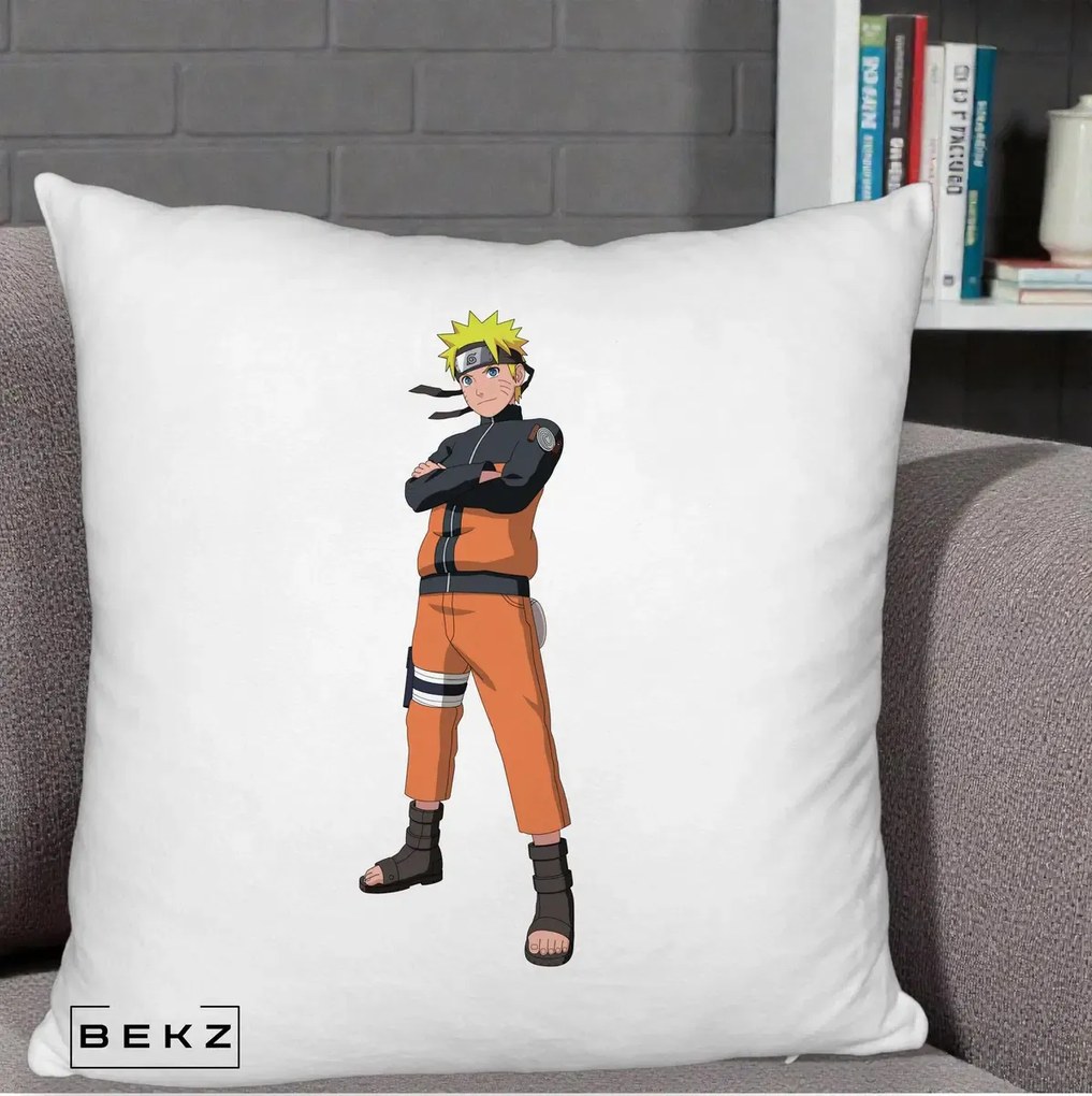 Perna Personalizata Naruto Uzumaki Portret Complet, 40x40 cm, Alb Pufos, Husa Detasabila, Perna Inclusa, BEKZ®