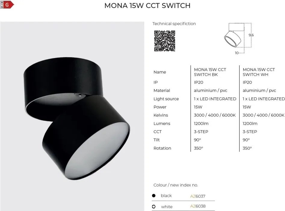 Spot LED aplicat reglabil MONA 15W CCT SWITCH alb