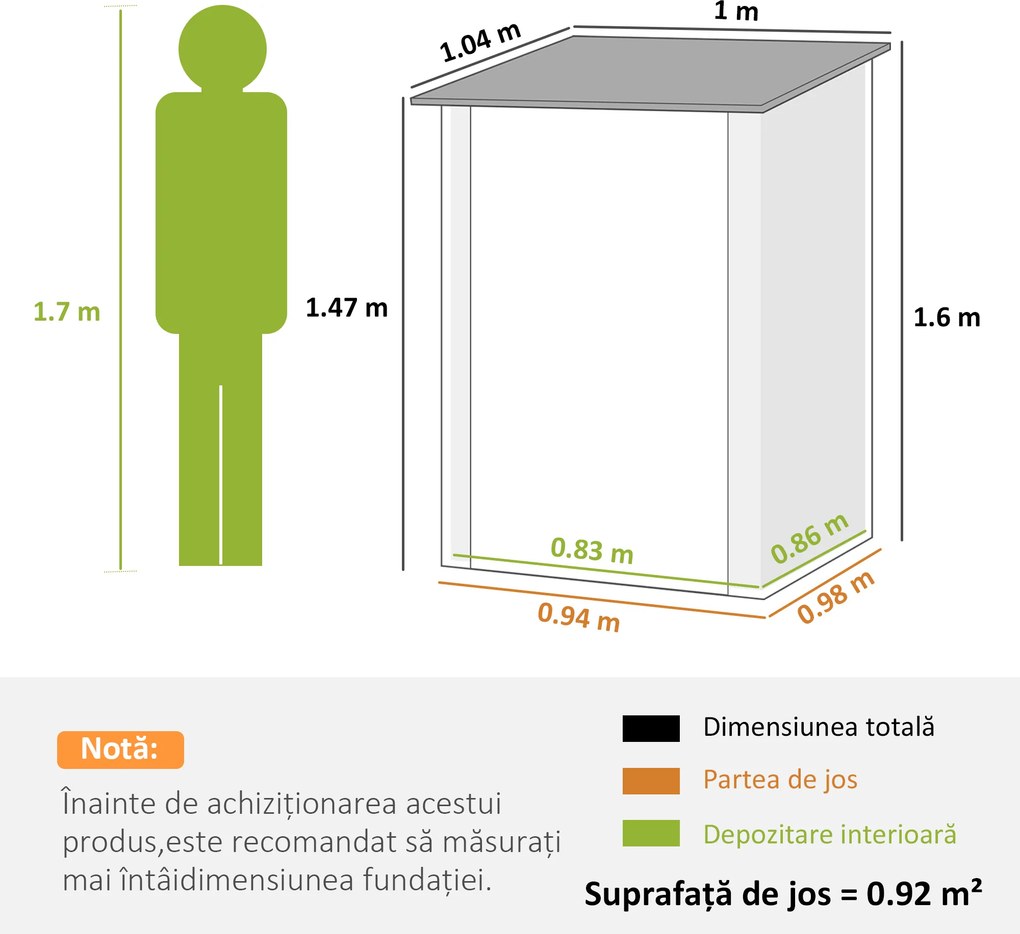 Outsunny Căsuță de Grădină 0,92m² din Oțel Galvanizat, Depozit pentru Unelte cu Ușă Blocabilă, Acoperiș Înclinat, 100x104x160 cm, Verde | Aosom Romania