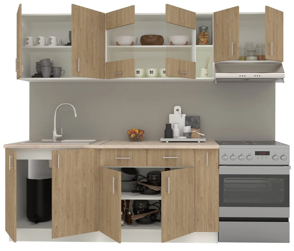 Set Bucatarie Karo V16, Lemn Natural/Alb, Blat Thermo 28 mm, L 240 cm