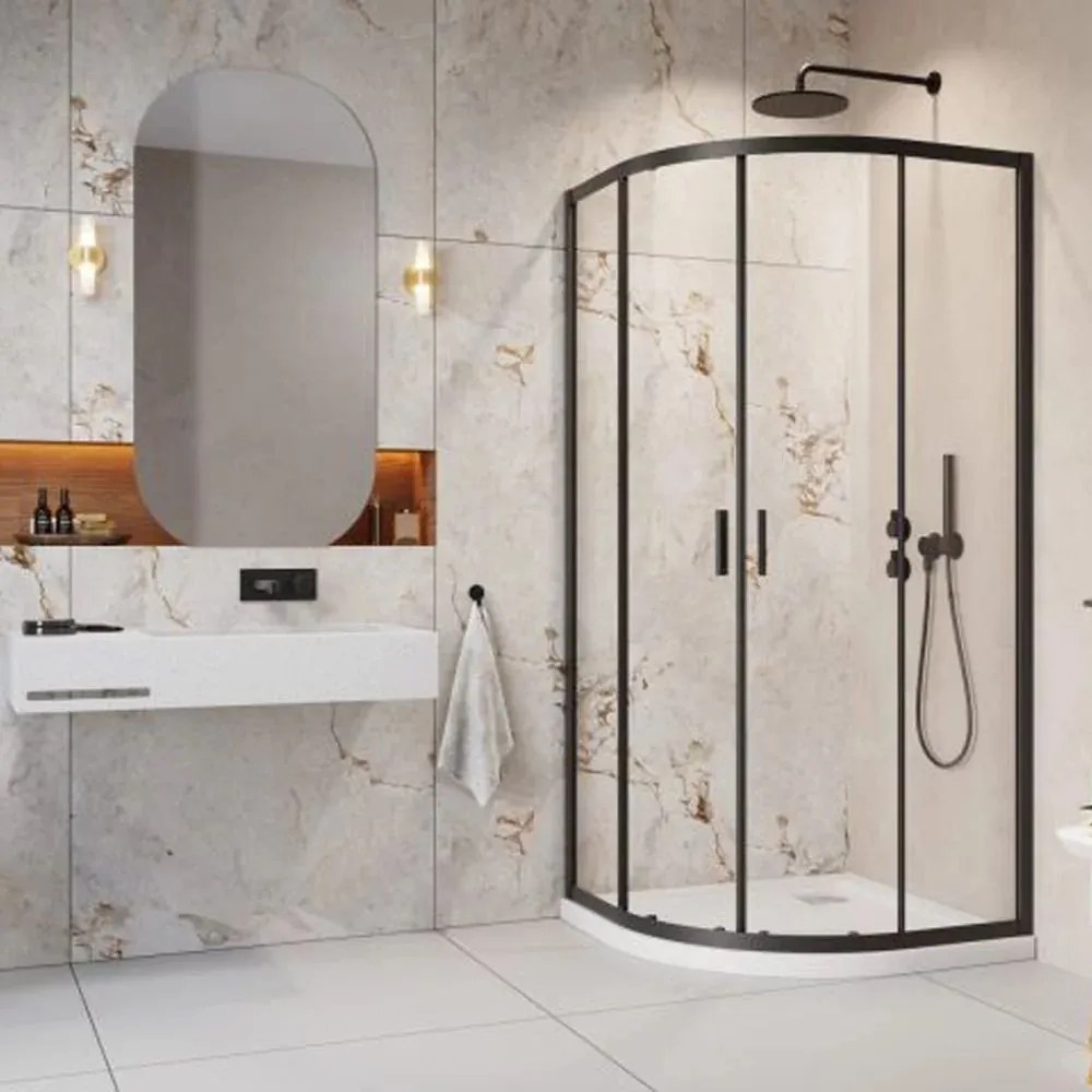 Cabina de dus semirotunda cu usi glisante Radaway Alienta 90x90 cm negru-transparent