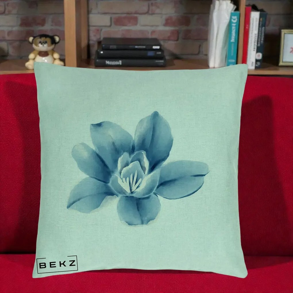 Perna Decorativa Magnolie Albastra Acuarela, 40x40 cm, Verde Menta, Husa Detasabila, Perna Inclusa, BEKZ®