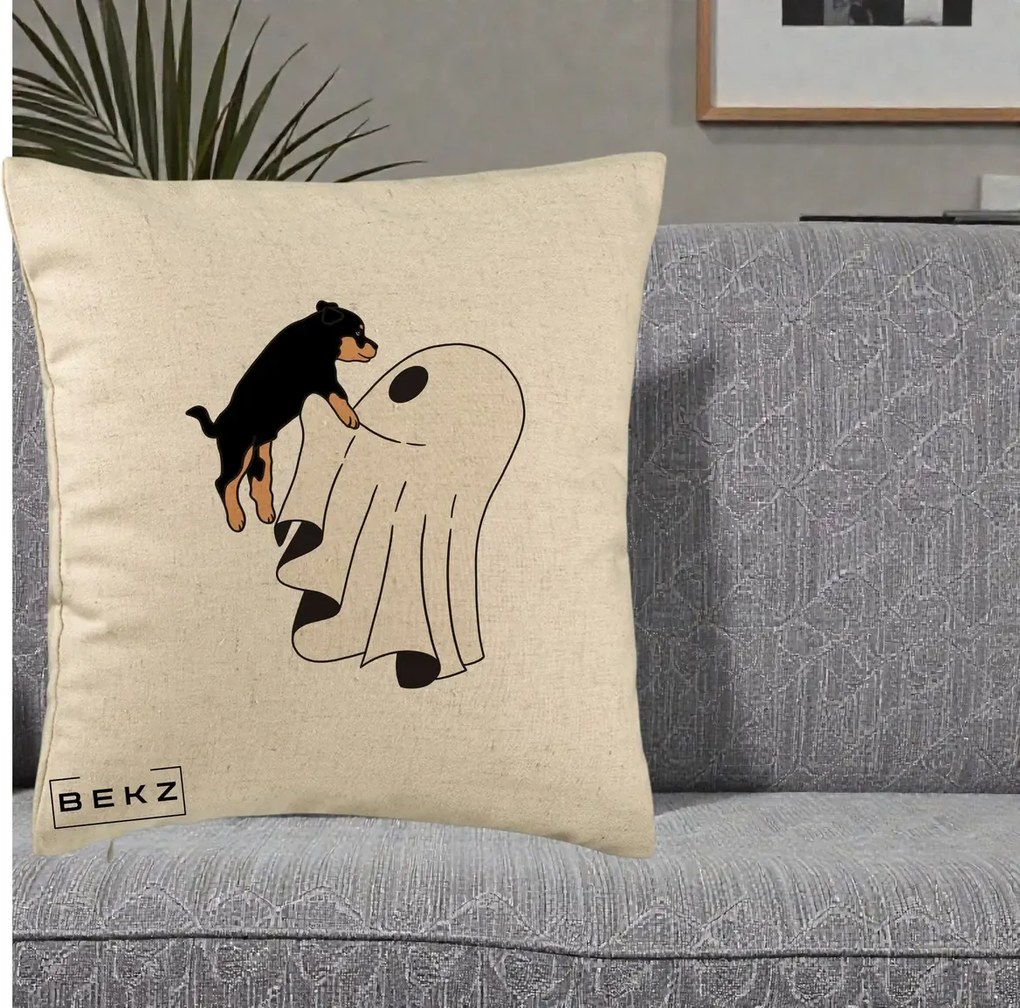 Perna Decorativa Caine Rottweiler Fantoma Halloween, 40x40 cm, Bej, Husa Detasabila, Perna Inclusa, BEKZ®