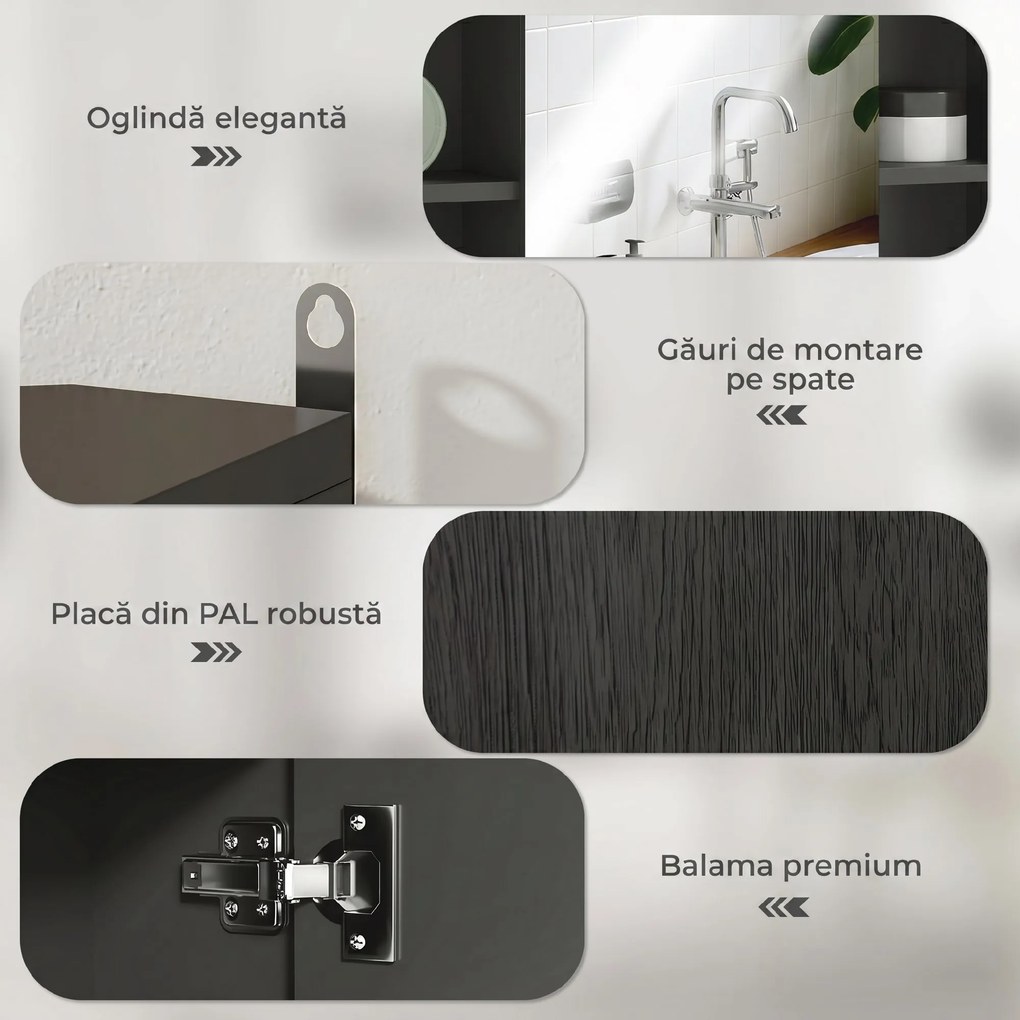 HOMCOM Dulap cu Oglindă pentru Baie, 3 Rafturi Laterale, Raft Reglabil, MDF și PAL, 60x14,5x49,4 cm, Negru și Lemn Natur | Aosom Romania