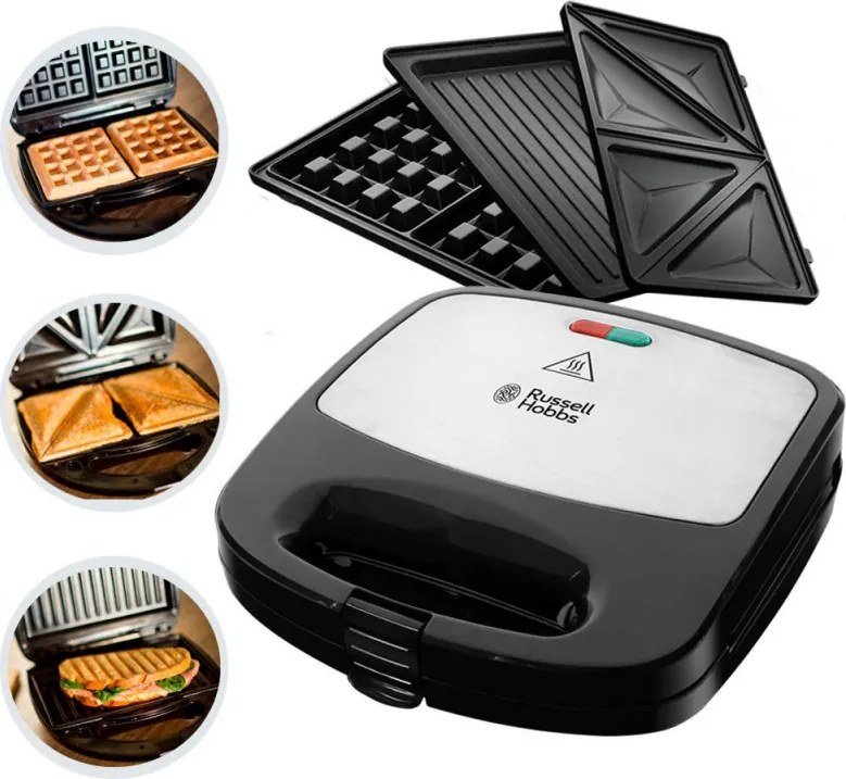 La mâna a doua: Sandwich maker Russell Hobbs Fiesta Deep Fill 24540-56 3in1, 750 W, 4 sandwich-uri, 3 placi diferite, Otel inoxidabil, Negru