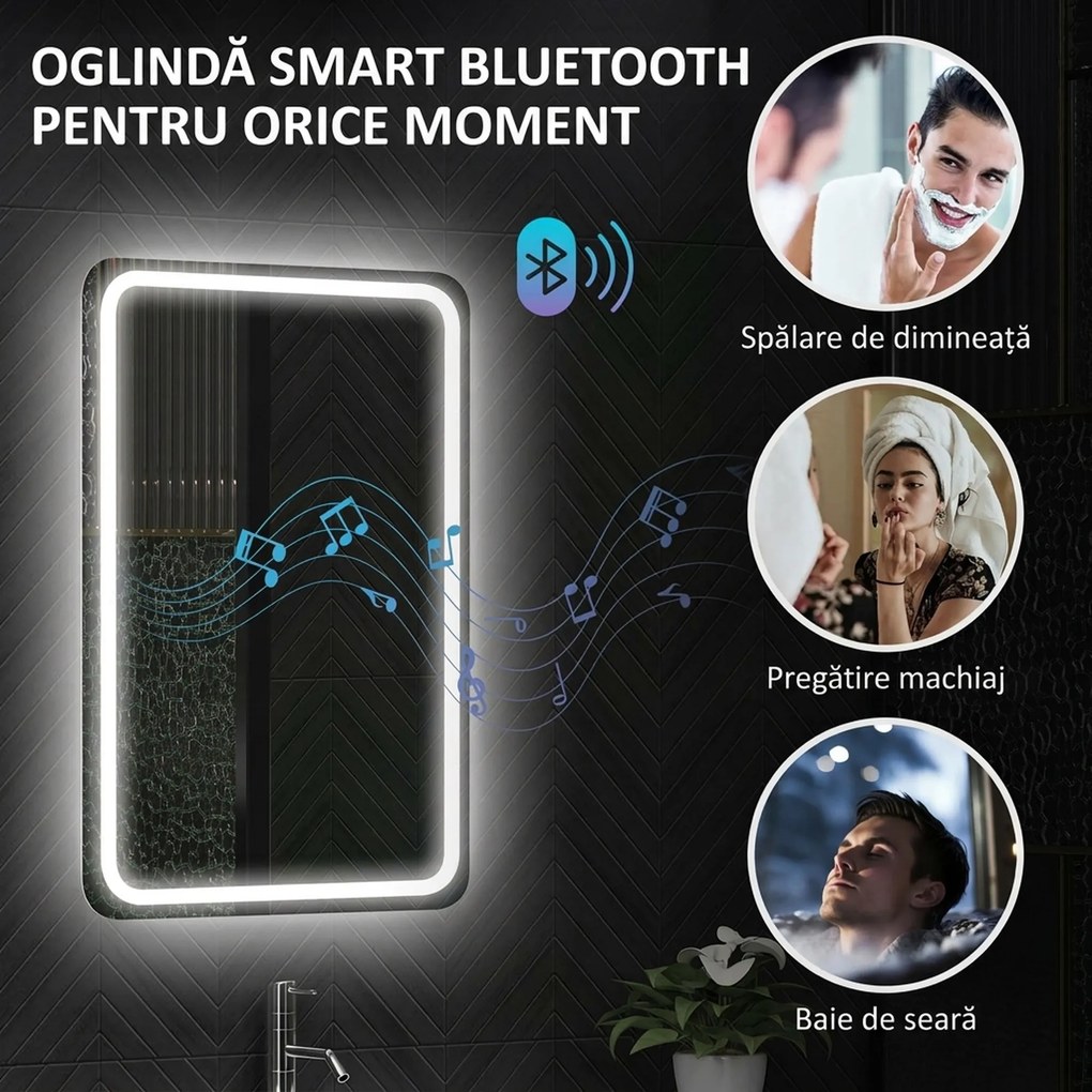 HOMCOM Oglindă de Baie Bluetooth LED 50 x 70 cm cu Anticeață - Argintiu | Aosom Romania