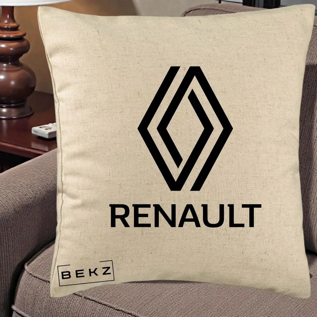 Perna Personalizata cu emblema Renault, 40x40 cm, Bej, Husa Detasabila, Perna Inclusa, BEKZ®
