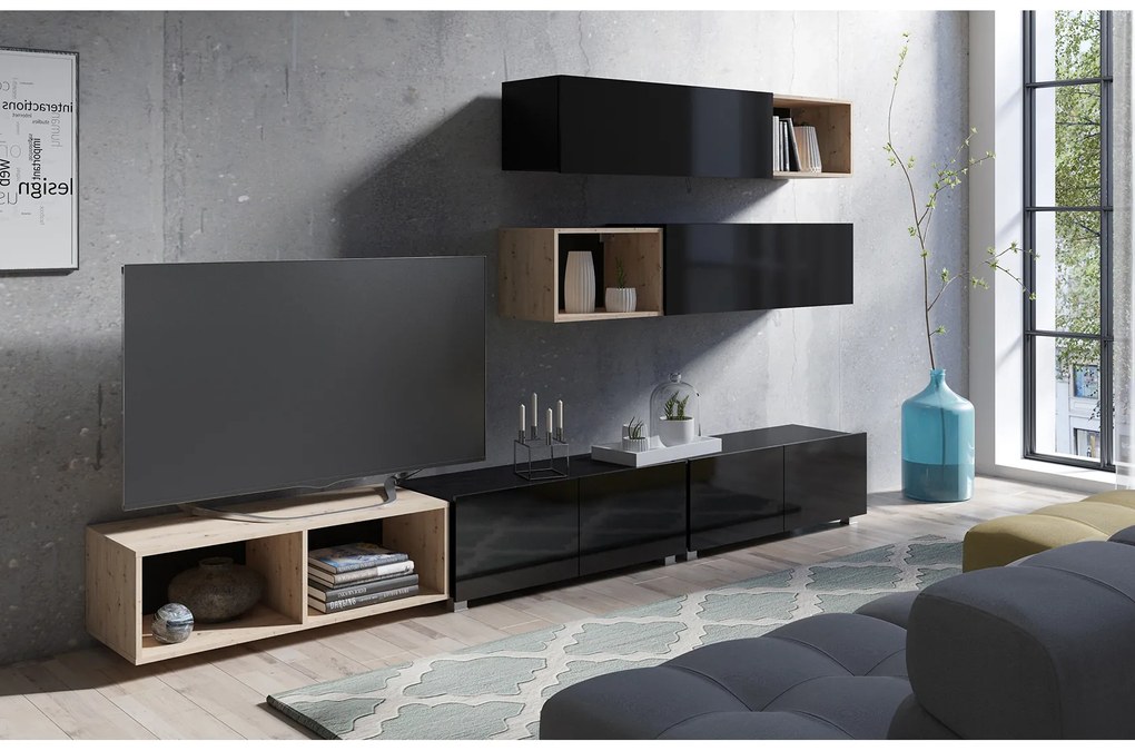 Mobilier living Calabria C25 BLACK (Negru + Stejar artisan) (fără iluminat). 1051561