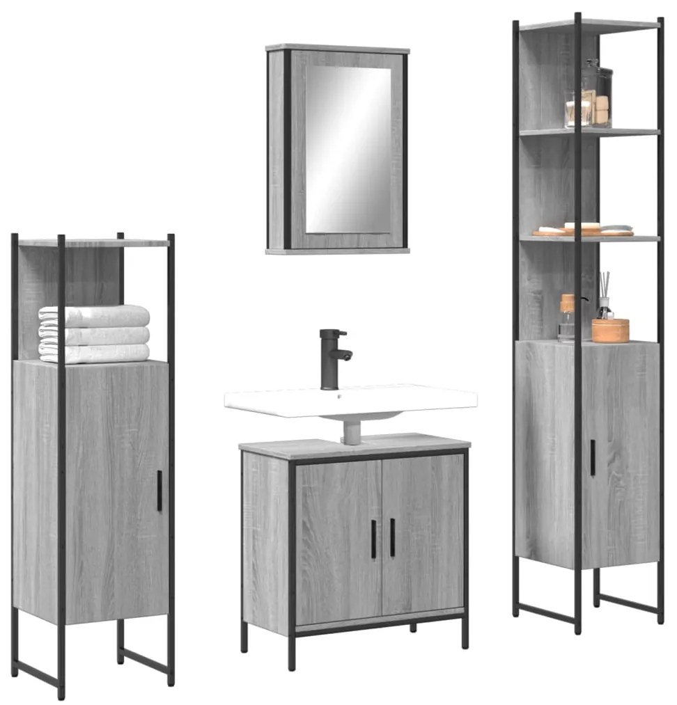 vidaXL Set mobilier de baie, 4 piese, gri sonoma, lemn prelucrat