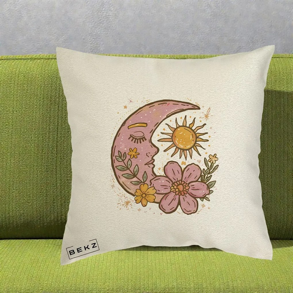 Perna Personalizata Luna si Soare Floral Boho, 40x40 cm, Ecru, Husa Detasabila, Perna Inclusa, BEKZ®