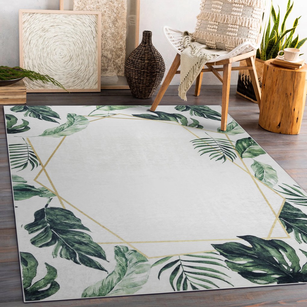 ANDRE 1168 covor lavabil Monstera pleacă, geometric anti-alunecare - alb / verde - SECUNDAR-COTATI PRODUSUL