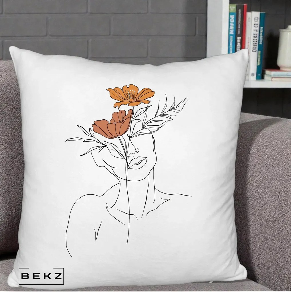 Perna Decorativa Portret Feminin Doua Flori, 40x40 cm, Alb Pufos, Husa Detasabila, Perna Inclusa, BEKZ®