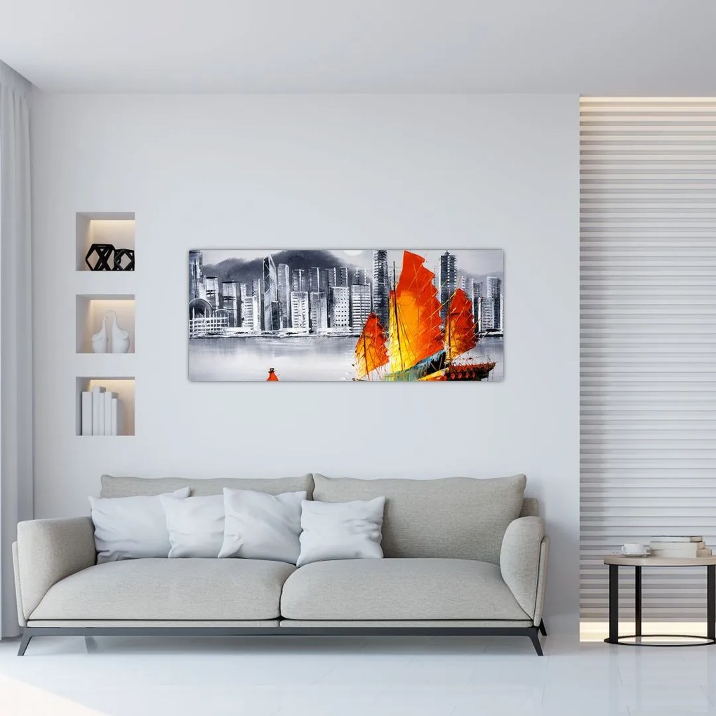 Tablou - Victoria Harbour, Hong Kong, pictură în ulei alb- negru (120x50 cm)