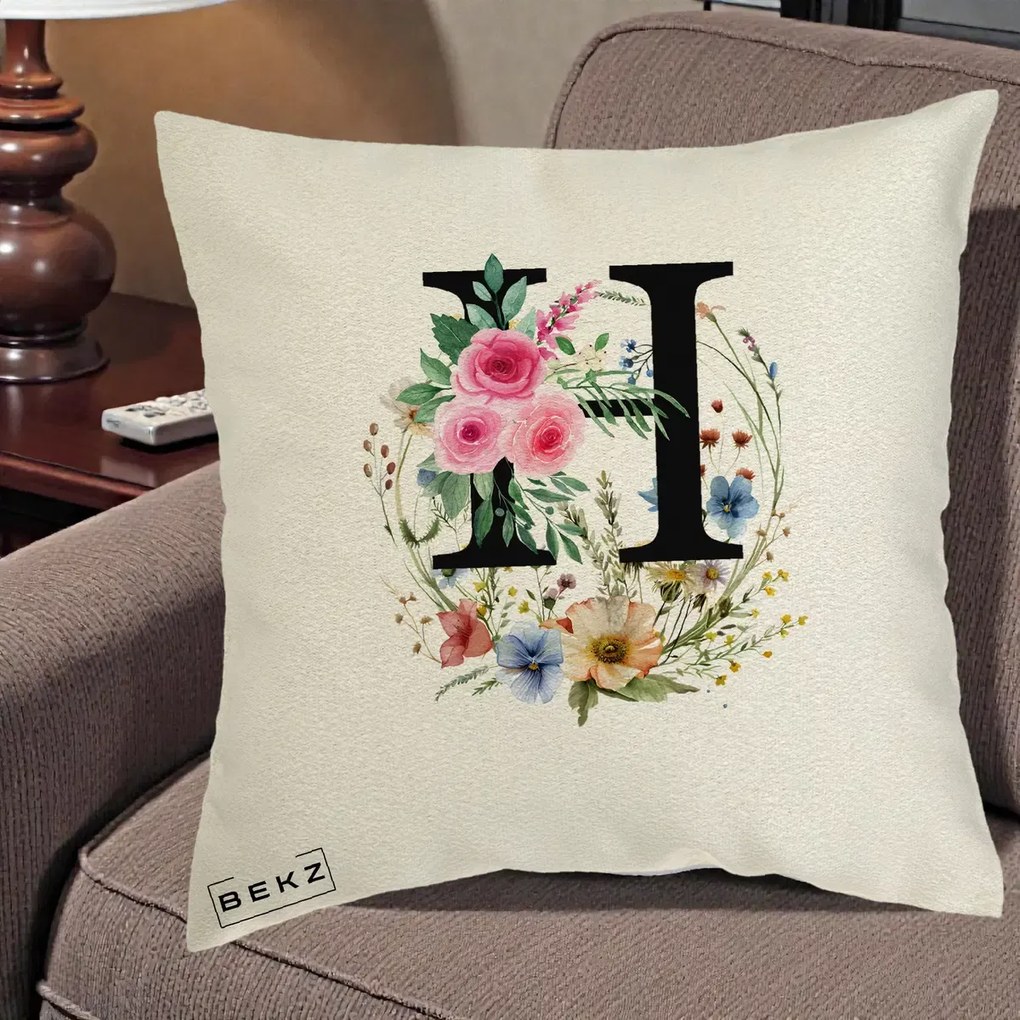 Cadou Personalizat - Perna Personalizata Monogram Litera H cu Flori Acuarela, 40x40 cm, Ecru, Husa Detasabila, Perna Inclusa, BEKZ®