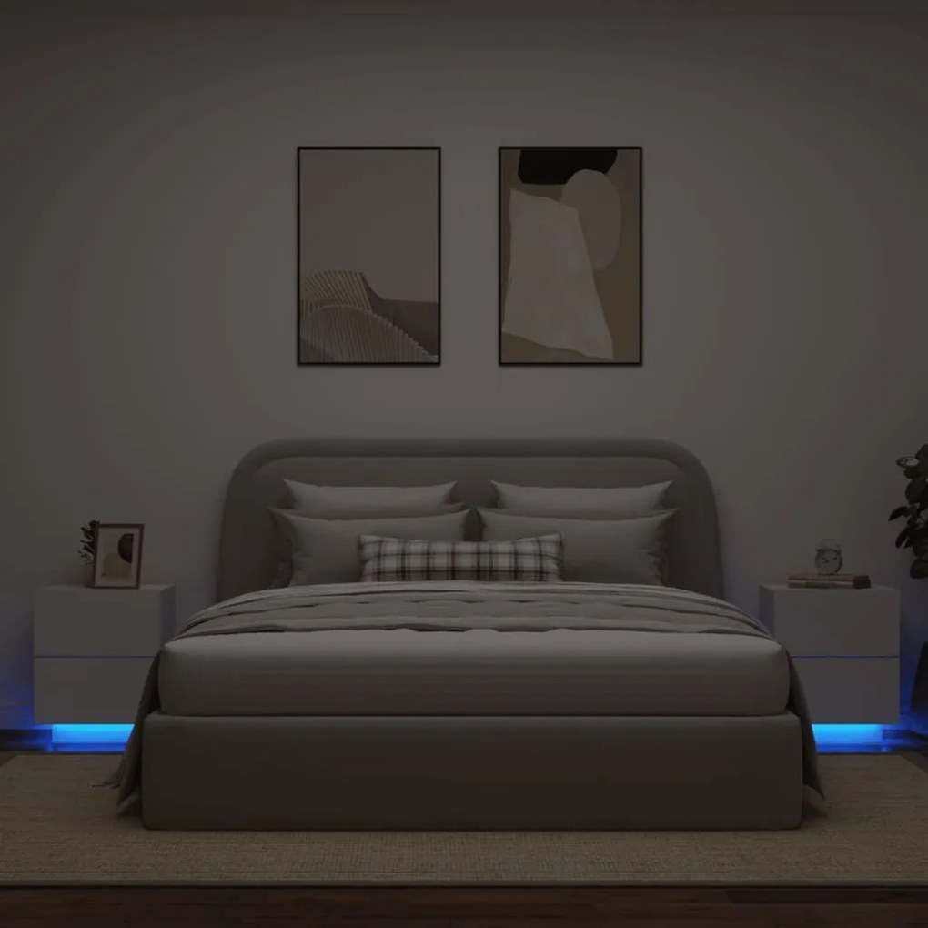 vidaXL Noptiere cu lumini LED, 2 buc., alb, lemn prelucrat