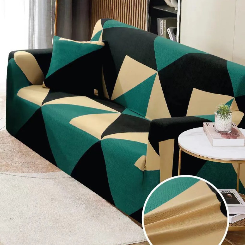 Husa elastica moderna pentru canapea 2 locuri, poliester / spandex, verde / negru, HEJ2-45