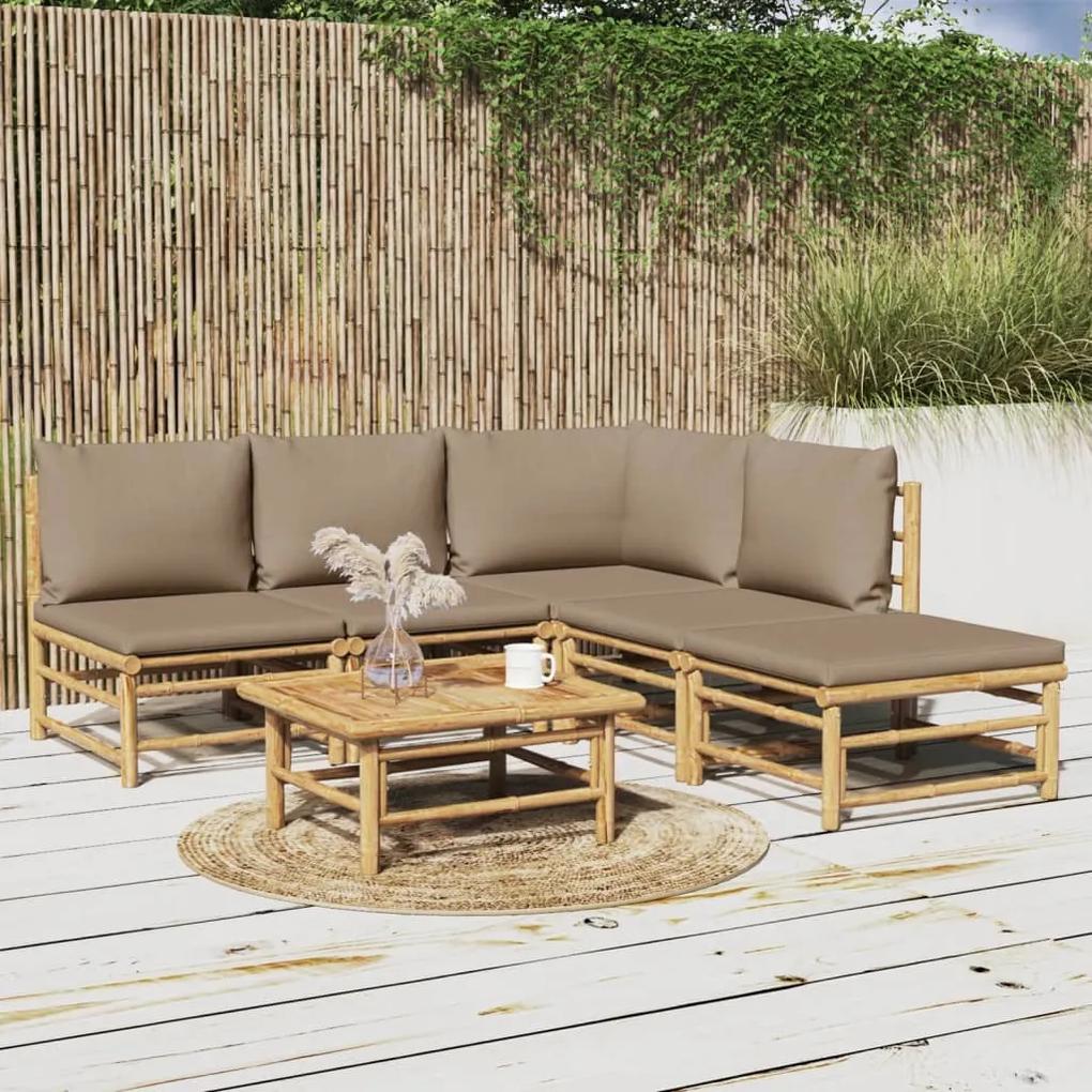 Set mobilier de gradina cu perne gri taupe, 6 piese, bambus