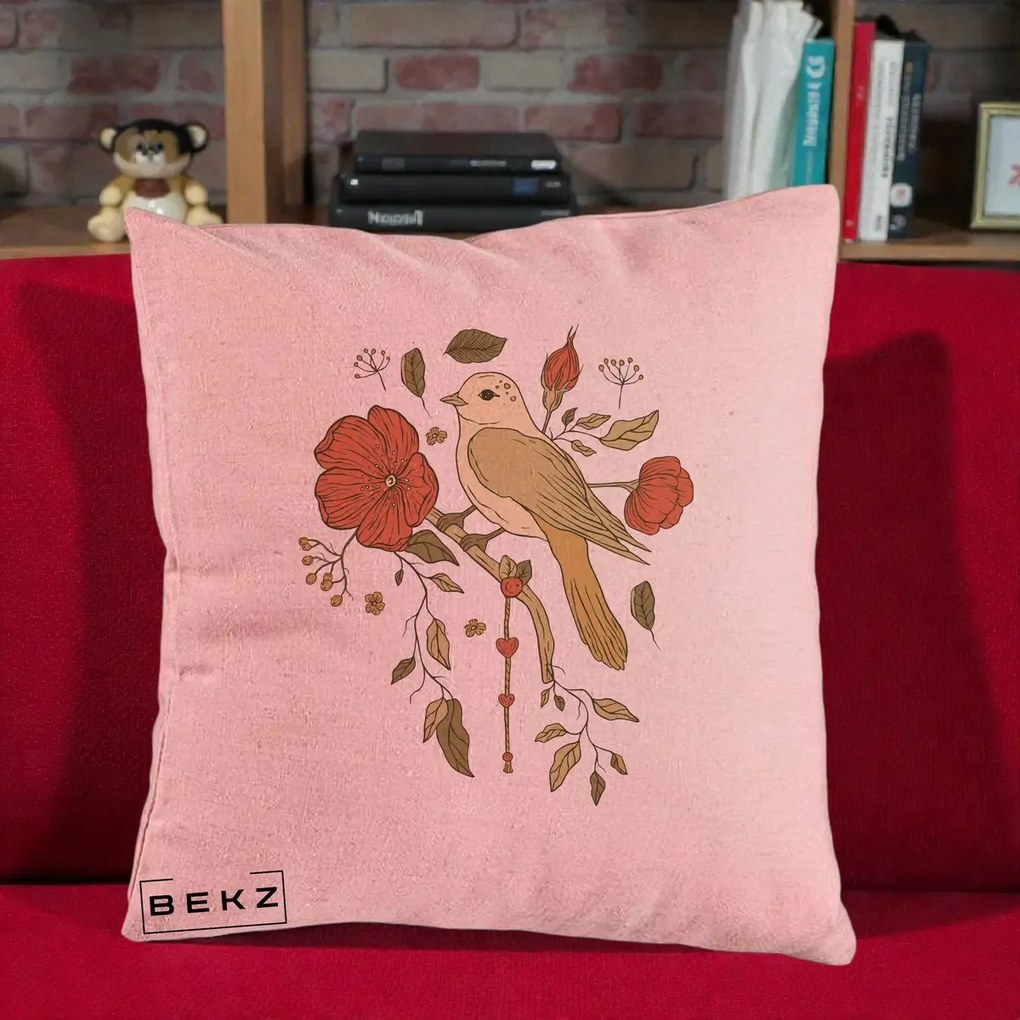 Perna Decorativa Pasare pe Ramura cu Maci, 40x40 cm, Roz, Husa Detasabila, Perna Inclusa, BEKZ®