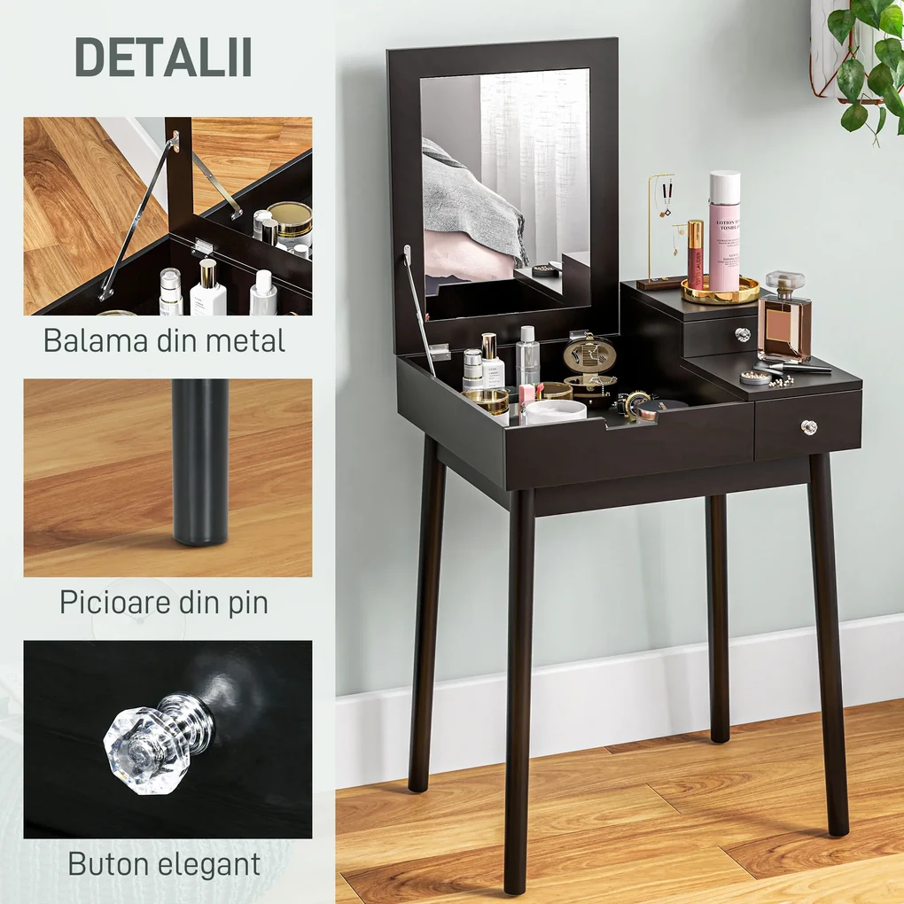 HOMCOM Masă de Machiaj 2 în 1 cu Oglindă Rabatatbilă și 2 Sertare Negru | Aosom Romania