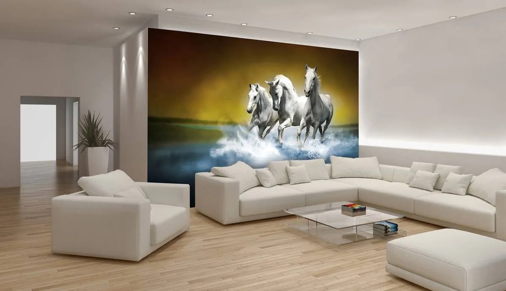Fototapet - Calul alb în galop pe apă (152,5x104 cm)