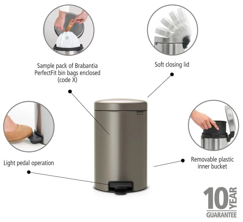 Coș de gunoi gri cu pedală din oțel 12 l NewIcon – Brabantia