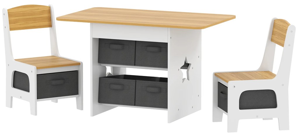 AIYAPLAY Masă pentru copii cu 2 scaune și 6 sertare din material textil, design cu stele, pentru copii 3-8 ani, Natural | Aosom Romania