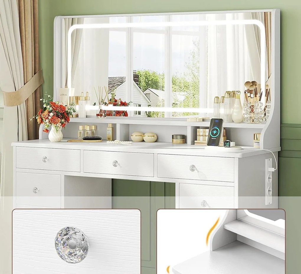Masuta machiaj cu Oglinda LED si 11 Sertare pentru Cosmetice, Set Masa toaleta 110 cm, Alb, masuta cosmetica, vanity - SEA909