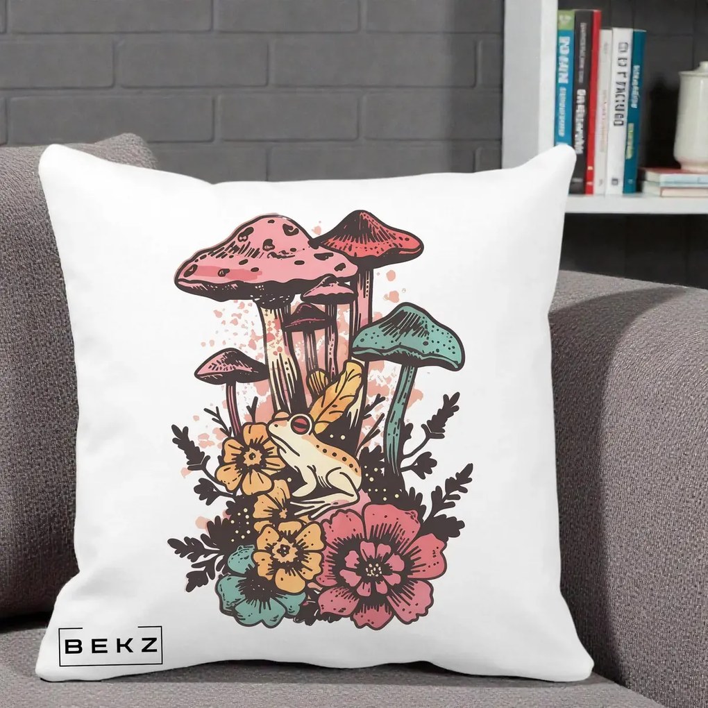 Perna Decorativa Ciuperci si Broaste Boho, 40x40 cm, Alba Mata, Husa Detasabila, Perna Inclusa, BEKZ®