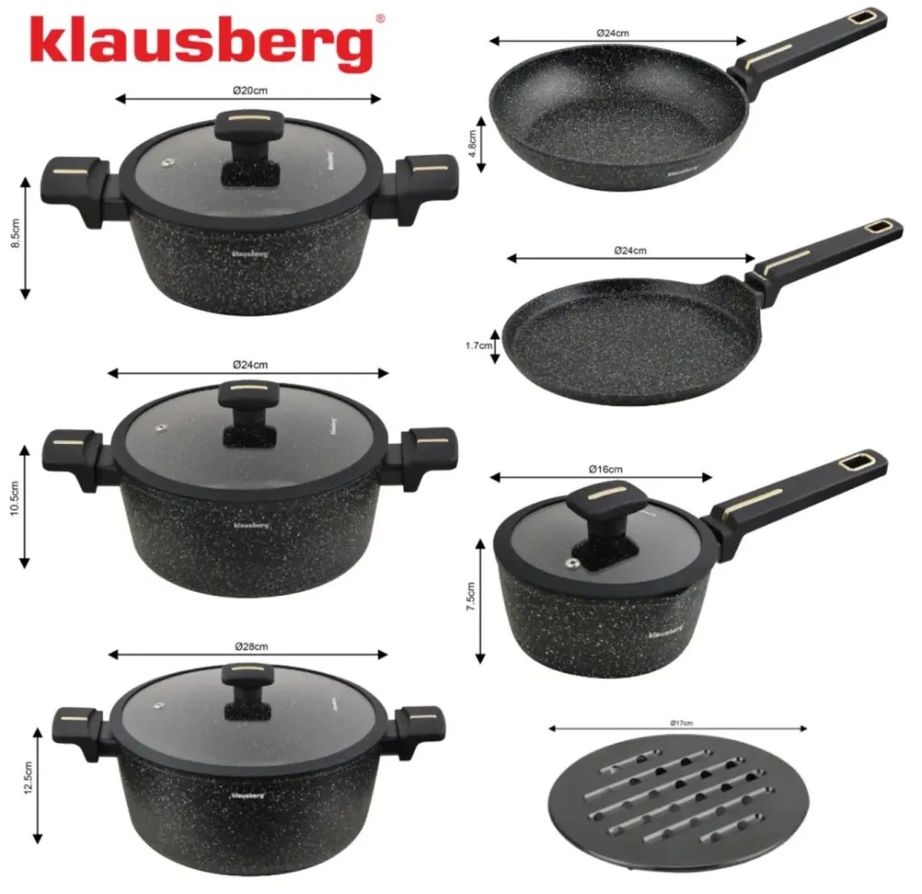 Set oale marmorate cu tigaie clatite si capace 12 piese Klausberg KB-7966, negre
