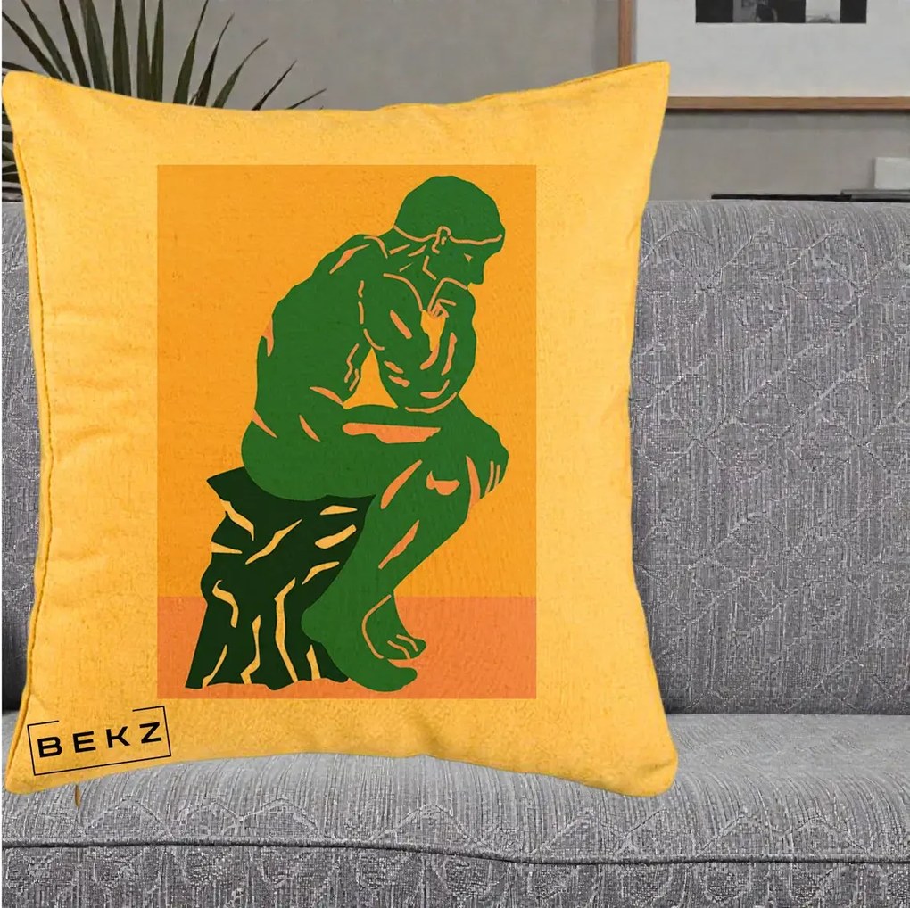 Perna Decorativa Ganditorul Sculptura Pop Art, 40x40 cm, Galben, Husa Detasabila, Perna Inclusa, BEKZ®