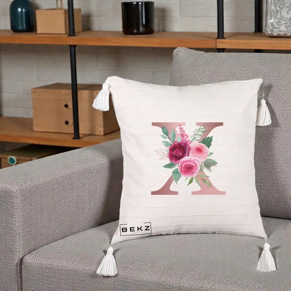 Cadou Personalizat - Perna Personalizata Monograma Rose Gold Litera X, 40x40 cm, Bej cu Franjuri, Husa Detasabila, Perna Inclusa, BEKZ®