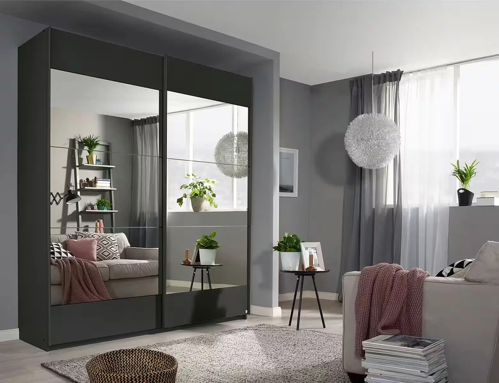 Dressing 181 cm lungime, 2 uși glisante, cu oglindă, culoare gri antracit, 210 cm înălțime