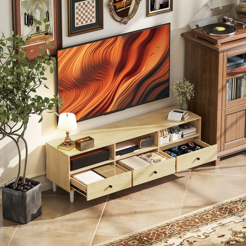 HOMCOM Mobilier TV pentru până la 75", cu 3 sertare, 3 rafturi deschise și canal pentru cabluri, 140 x 34 x 45 cm, lemn natural | Aosom Romania